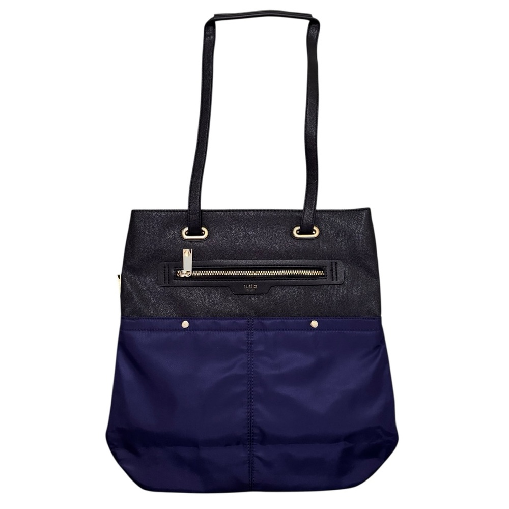 Tutilo New York Convertible Backpack Tote Blue Nylon Black Faux Leather Bag